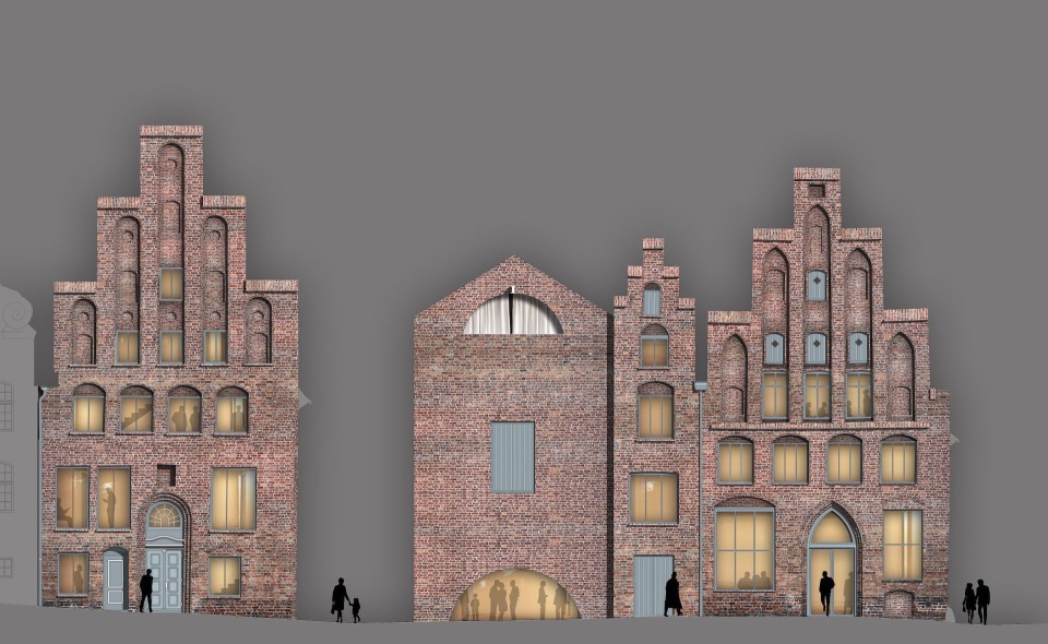 Dieses Bild zeigt eine architektonische Visualisierung von drei historischen Backsteingebäuden mit typisch norddeutschen Giebelfassaden.