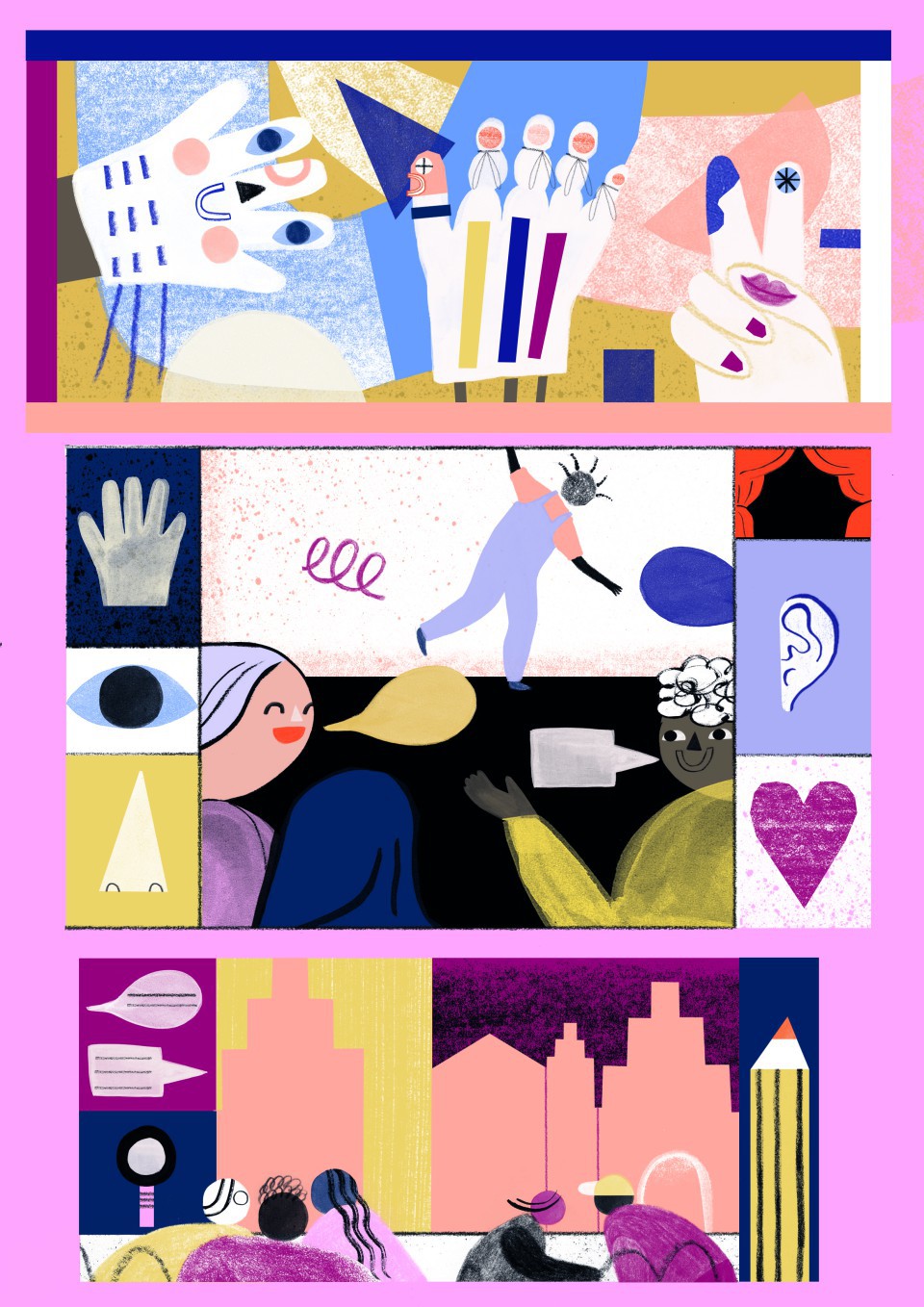 Bunte, abstrakte Illustration in drei Panels mit verspielten Figuren, geometrischen Formen und Symbolen wie Händen, Augen, Sprechblasen und Stadtlandschaften auf rosa Hintergrund.