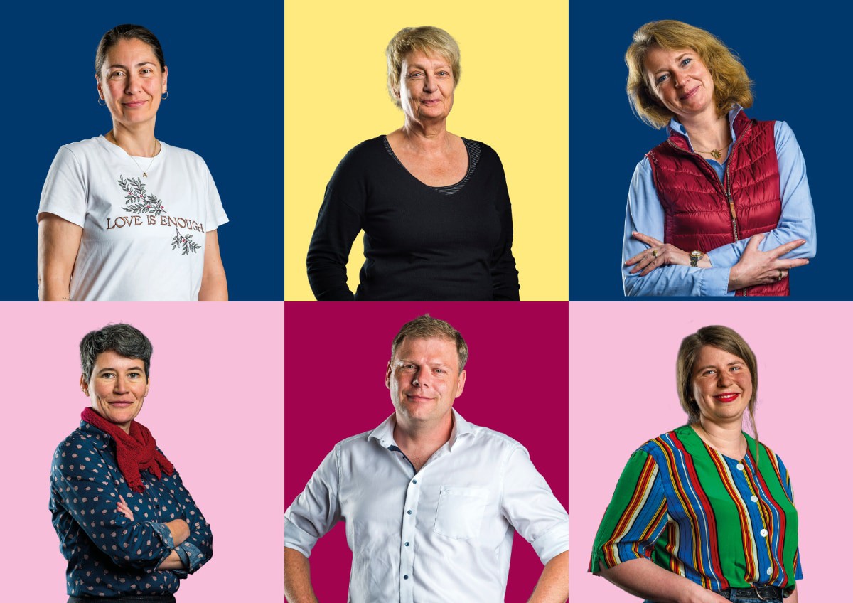 Sechs Porträts von Personen mit unterschiedlichen Hintergründen in bunten Farben. Jede Person zeigt eine individuelle Pose und trägt verschiedene Kleidungsstile.