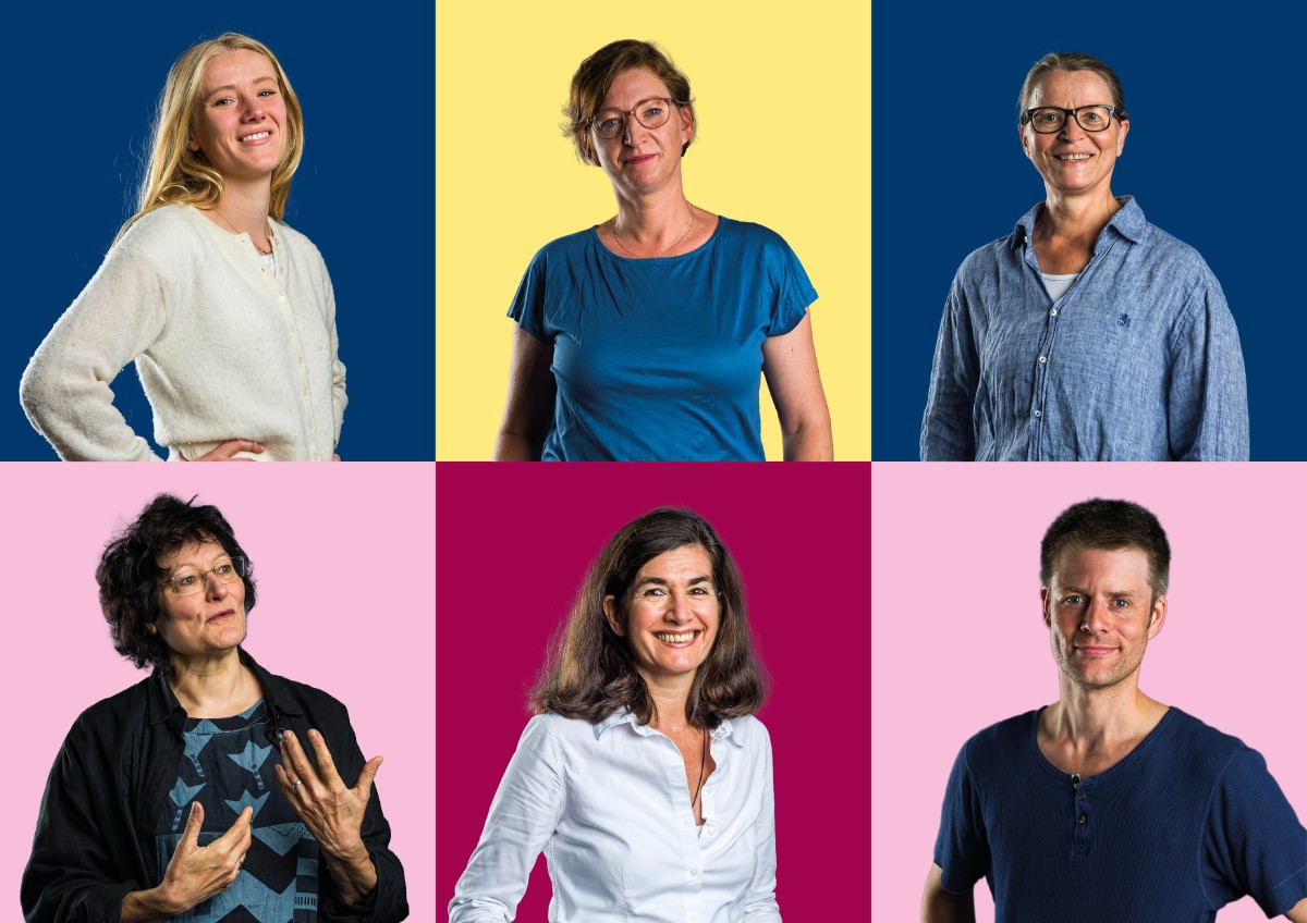 Sechs Porträts von Personen mit unterschiedlichen Hintergründen in bunten Farben. Jede Person zeigt eine individuelle Pose und trägt verschiedene Kleidungsstile.